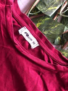 Maroon Crew Neck Top with Striped Sleeves