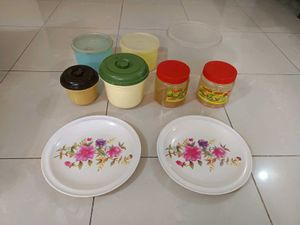 Assorted Kitchen Storage Containers & Plates