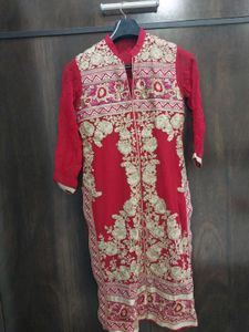 Red Embroidered Shirt With Pajami