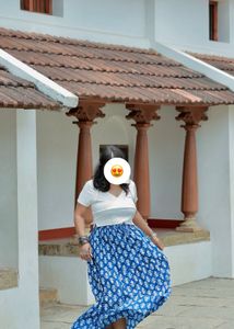 white crop top &amp; blue Maxi Skirt