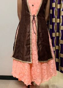 Peach Dress or Gown with Brown Overcoat