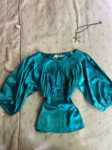 Teal Satin Blouse with Puff Sleeves