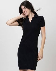 MAX Chic Black Ribbed Polo Dress