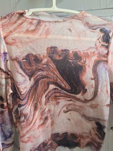Trendy Mesh Marble Print Long Sleeve Crop Top