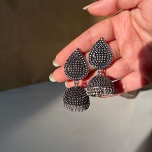 Oxidized Silver Jhumka Earrings
