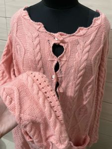 2XL Peach Cable Knit Cardigan with Lace Trim