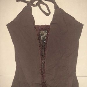 🤎 Brown Lace Detail Halter Neck Dress
