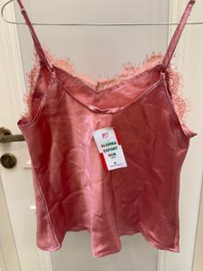 Pink Satin Cami Top with Lace Trim