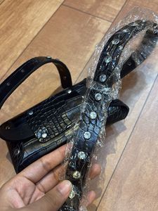 Stylish Black Croc Belt Bag with Rhinestones