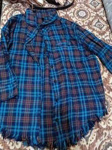 Blue Plaid Frayed Hem Shirt