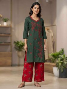 Beautiful Dark Green Embroidered Kurti with Printe
