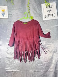 Bershka Maroon Fringed Top