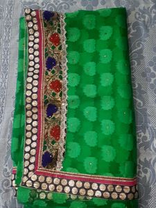 Vibrant Green Embroidered Saree , no blouse