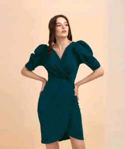 Elegant Teal Ruched Wrap Dress