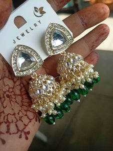 Green &amp; Gold Jhumka Earrings