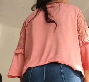 Chic Pink Bell Sleeve Top with Lace Details