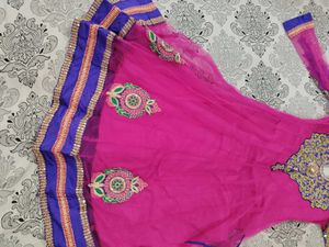 Pink &amp; Blue Embroidered Anarkali Kurta Set