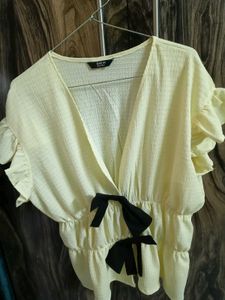 Shein Yellow Ruffled Bow Top