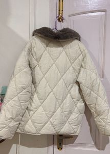 Cream Quilted Puffer Jacket with Fur Collar