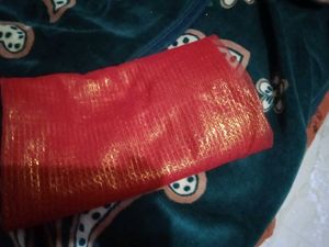 Vibrant Red Net saree fabric with Golden Sheen