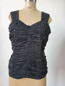 Elegant Ruched Black Top with Lace Detail