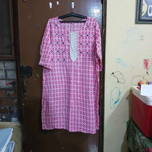 Pink Floral Print Kurta with White Lace (2 kurti)