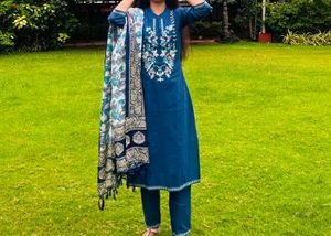 Embroidered Teal Kurta Set with Dupatta