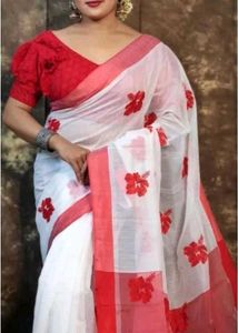 Elegant White &amp; Red Floral Saree