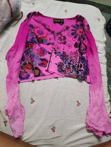 Vibrant Pink Floral Print Bell Sleeve Top