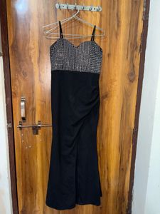 Sparkling Black fish cut Dress with High Slit