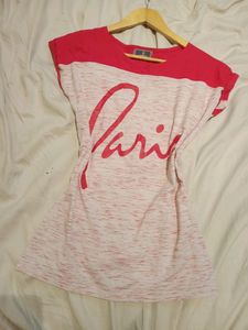 "Paris" Printed Pink &amp; Off White T-shirt, Size - S