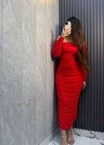 Chic Ruched Off-Shoulder Red Dress