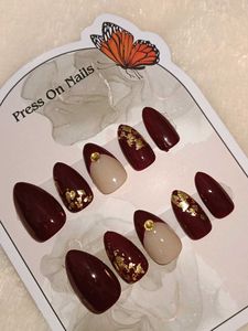 Hand Made Press On Nails - Burgundy &amp; Gold Accent