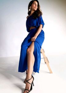 And Blue One Shoulder Waterfall Skirt Co-ord Set