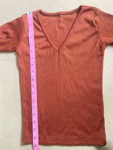 Brown Ribbed V-Neck Long Sleeve Top