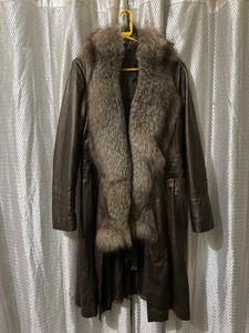 Women's Brown Leather Coat with Fur Collar