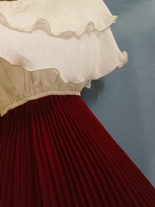 White &amp; Maroon Pleated off shoulder dress