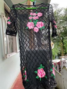 Black Net Kurta with Floral Embroidery