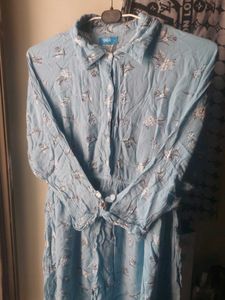 korean Blue Floral Print Shirt Dress
