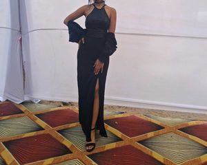 Elegant Black Halter Slit Gown