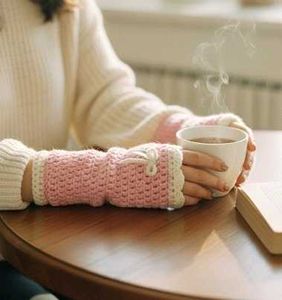 Pink Crochet Fingerless Gloves with bow