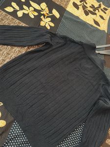 Black Ribbed Knit Collared Sweater