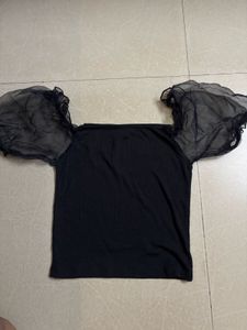Chic Black Top with Sheer Puff Sleeves