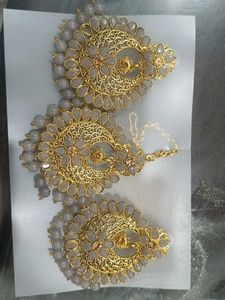 Elegant Grey & Gold Jhumka Earrings and Maangtika