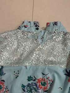 Light Blue Floral Lace Neck Top