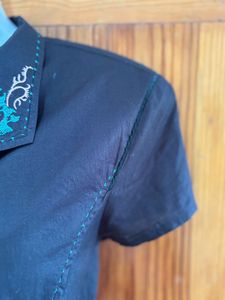 Embroidered Black Y2K Short Sleeve Blouse