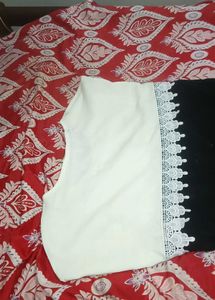 Elegant White &amp; Black Lace Trim Blouse