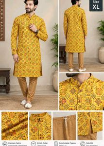 Men’s Yellow Printed Kurta Pajama Set