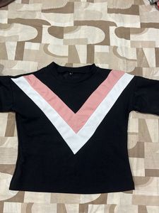 Stylish Black Top with Pink and White V-Neck