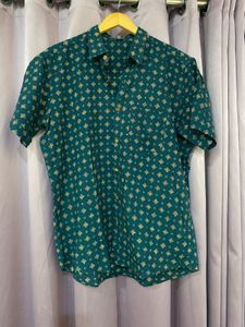 Vintage Teal Geometric Print Short Sleeve Shirt